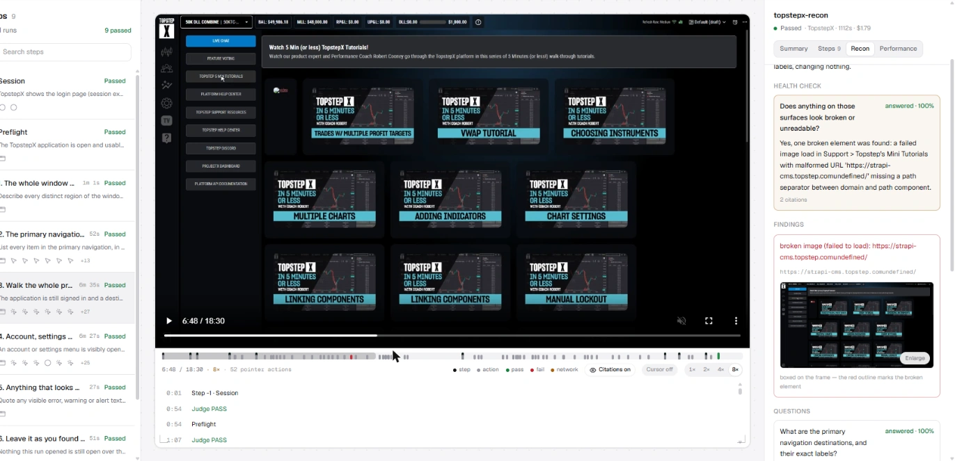 A TopstepX recon in the Ryvetz dashboard: the recorded terminal video with step, action, pass and fail markers on its timeline, and the recon panel reporting 1 issue found, a broken image with a malformed URL, boxed on the frame.